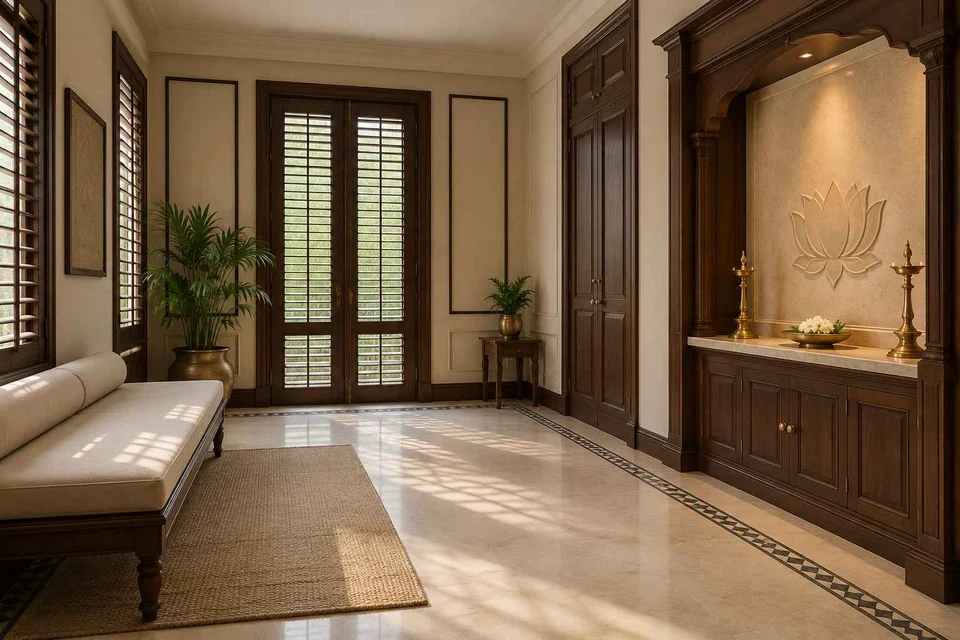 AI-generated puja room design concept: asymmetric prayer studio, colonial quiet direction