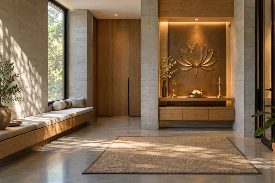AI-generated puja room design concept: asymmetric prayer studio, concrete and oak direction