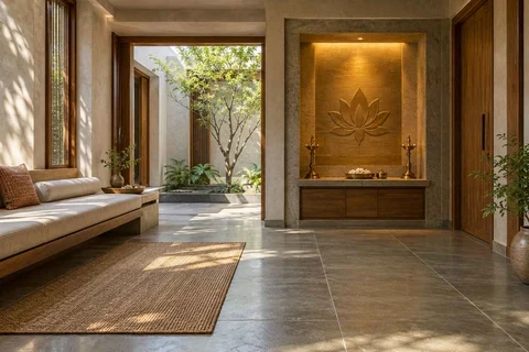 AI-generated puja room design concept: asymmetric prayer studio, courtyard modern direction