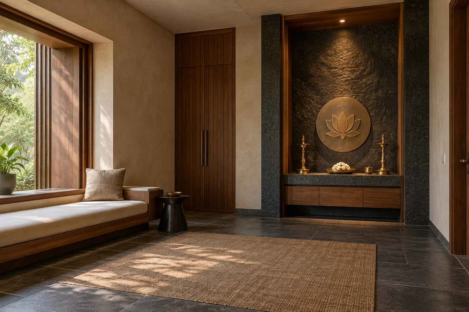 AI-generated puja room design concept: asymmetric prayer studio, deccan stone direction