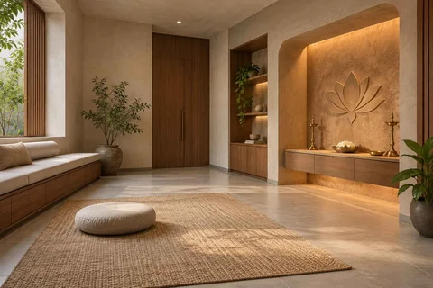 AI-generated puja room design concept: asymmetric prayer studio, earth and bamboo direction