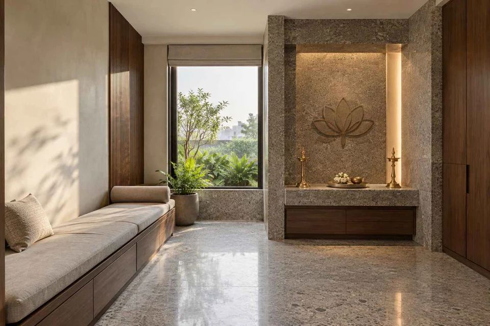 AI-generated puja room design concept: asymmetric prayer studio, granite precision direction