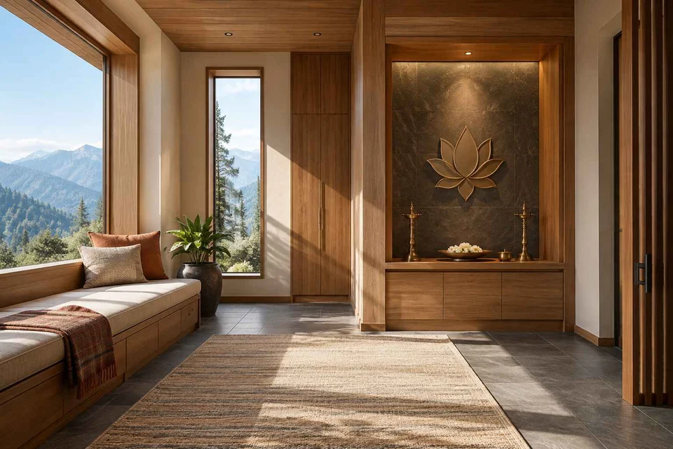 AI-generated puja room design concept: asymmetric prayer studio, hill timber direction