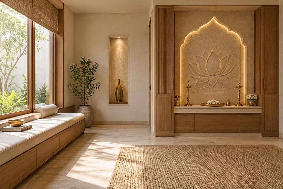 AI-generated puja room design concept: asymmetric prayer studio, inlay atelier direction