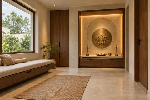 AI-generated puja room design concept: asymmetric prayer studio, lime and walnut direction