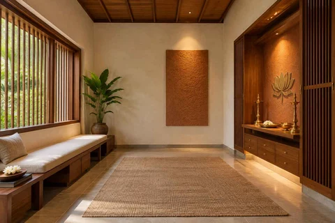 AI-generated puja room design concept: asymmetric prayer studio, malabar timber direction