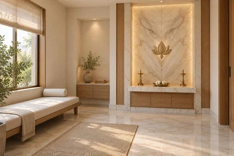 AI-generated puja room design concept: asymmetric prayer studio, marble restraint direction