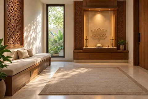 AI-generated puja room design concept: asymmetric prayer studio, modern carved direction