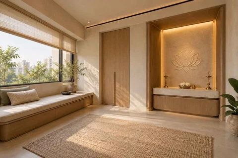 AI-generated puja room design concept: asymmetric prayer studio, quiet contemporary direction