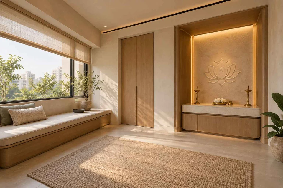 AI-generated puja room design concept: asymmetric prayer studio, quiet contemporary direction