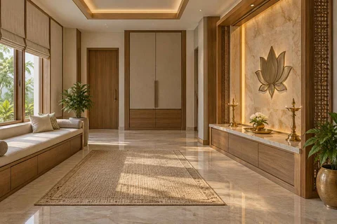 AI-generated puja room design concept: asymmetric prayer studio, quiet transitional direction