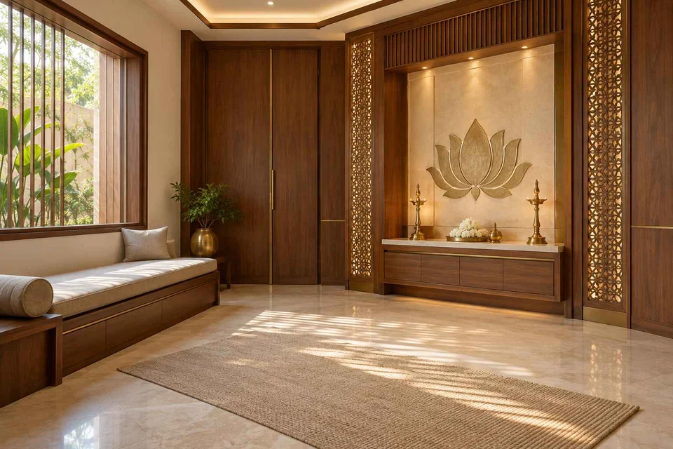 AI-generated puja room design concept: asymmetric prayer studio, rosewood brass direction