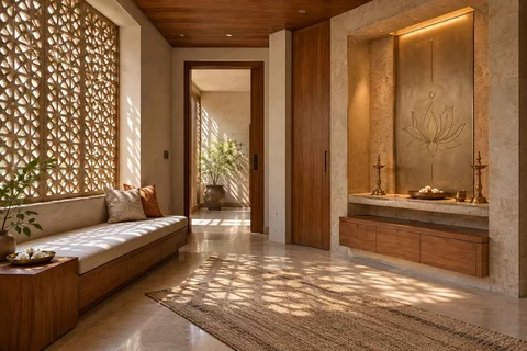 AI-generated puja room design concept: asymmetric prayer studio, sandstone lattice direction