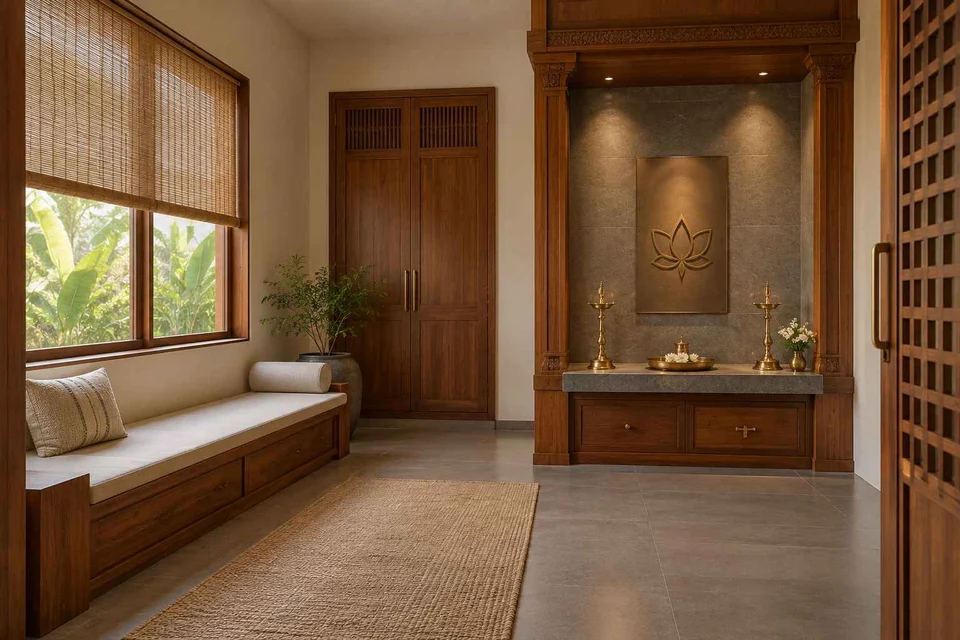 AI-generated puja room design concept: asymmetric prayer studio, teak craft direction