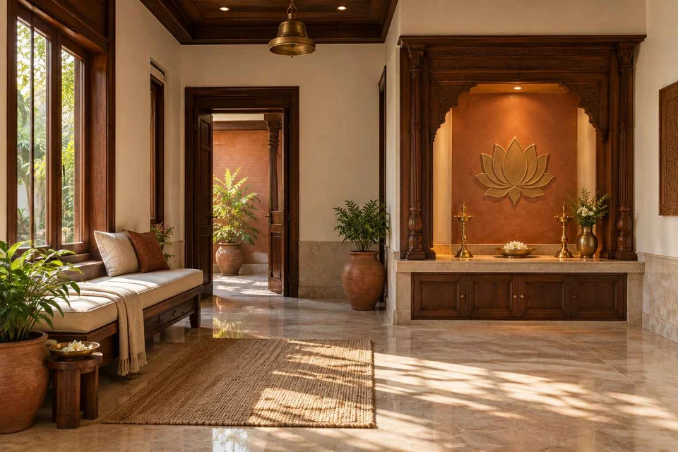 AI-generated puja room design concept: asymmetric prayer studio, terracotta heritage direction