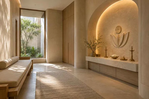 AI-generated puja room design concept: asymmetric prayer studio, textured mineral direction