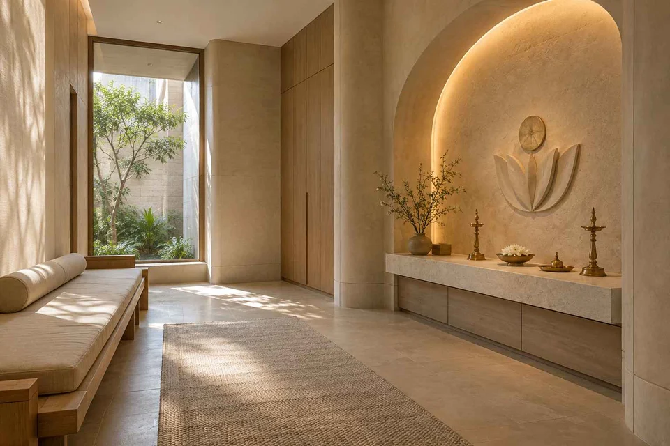 AI-generated puja room design concept: asymmetric prayer studio, textured mineral direction