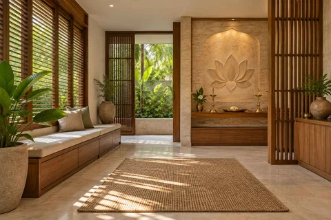 AI-generated puja room design concept: asymmetric prayer studio, tropical slatted direction