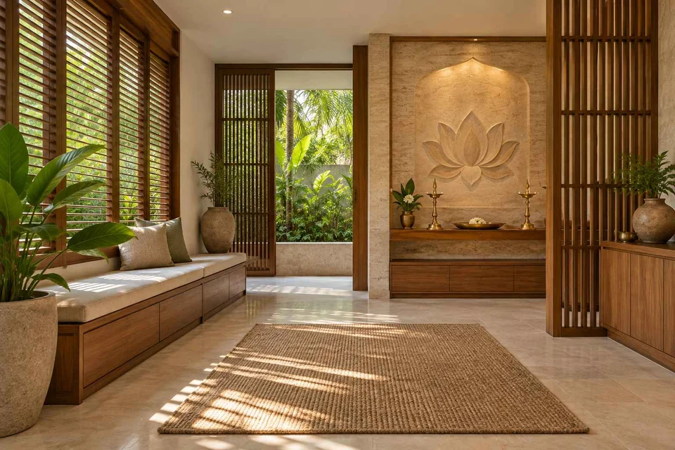 AI-generated puja room design concept: asymmetric prayer studio, tropical slatted direction