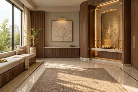 AI-generated puja room design concept: asymmetric prayer studio, urban deco direction