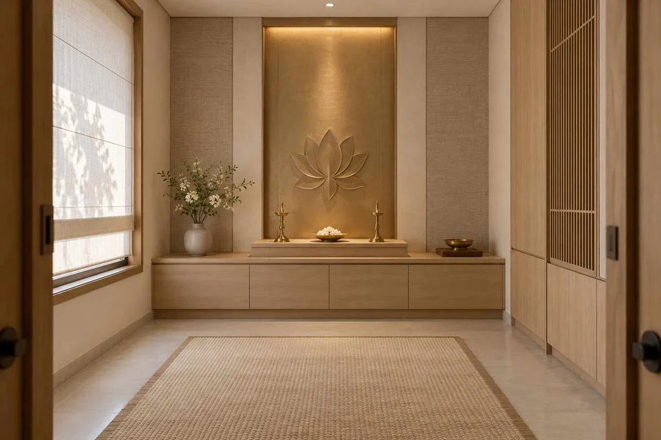 AI-generated puja room design concept: axial prayer chamber, ash and linen direction