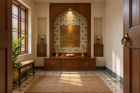 AI-generated puja room design concept: axial prayer chamber, chettinad tile direction