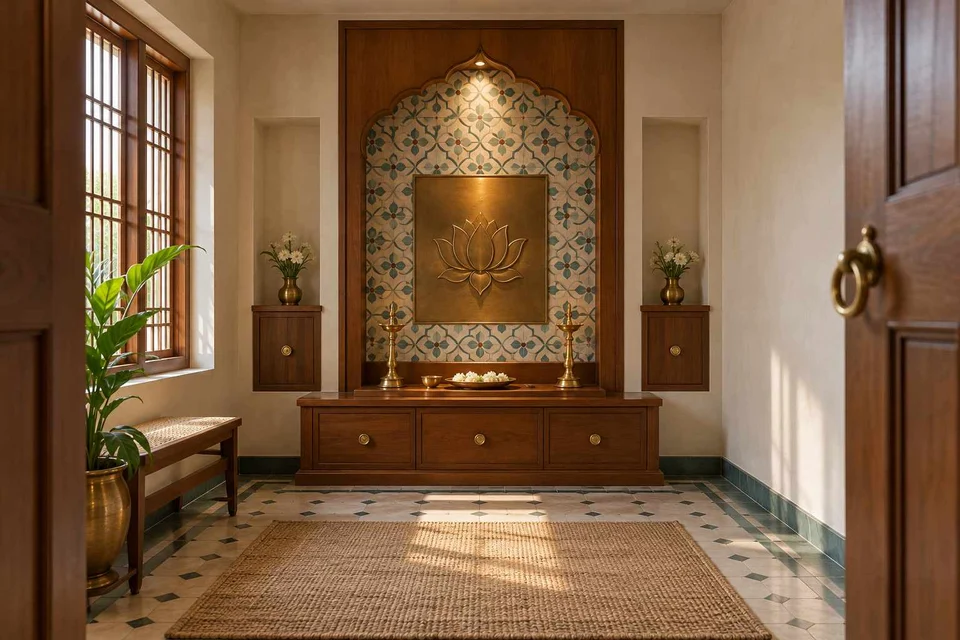 AI-generated puja room design concept: axial prayer chamber, chettinad tile direction