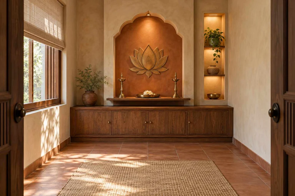 AI-generated puja room design concept: axial prayer chamber, clay artisan direction
