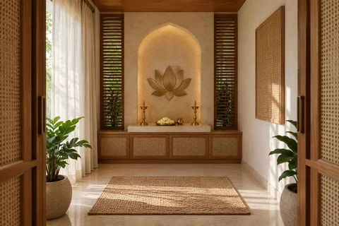 AI-generated puja room design concept: axial prayer chamber, coastal woven direction