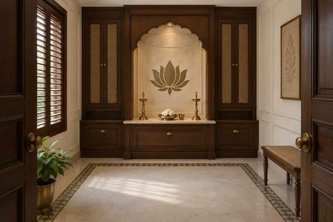 AI-generated puja room design concept: axial prayer chamber, colonial quiet direction