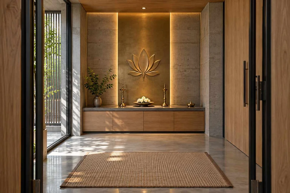 AI-generated puja room design concept: axial prayer chamber, concrete and oak direction