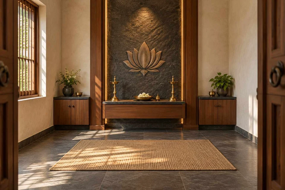 AI-generated puja room design concept: axial prayer chamber, deccan stone direction