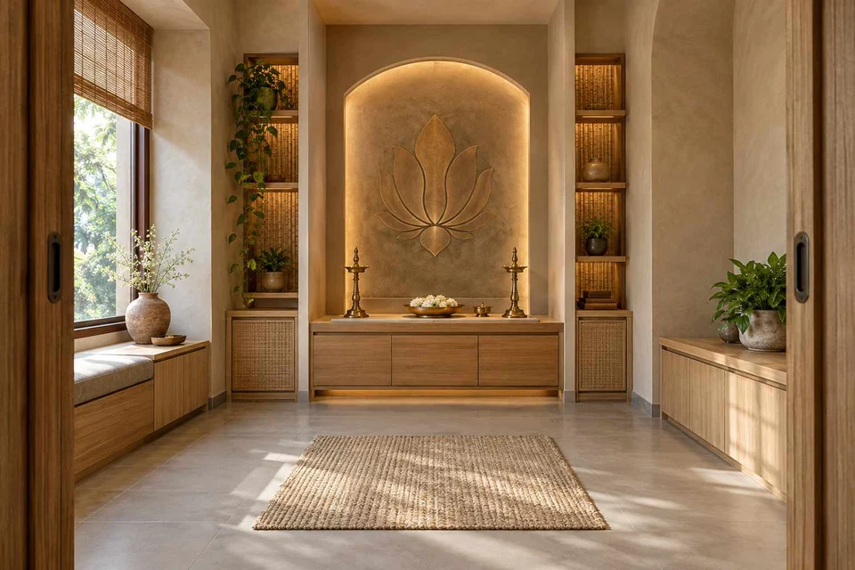 AI-generated puja room design concept: axial prayer chamber, earth and bamboo direction