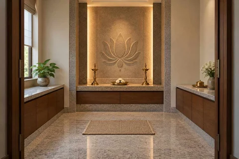 AI-generated puja room design concept: axial prayer chamber, granite precision direction