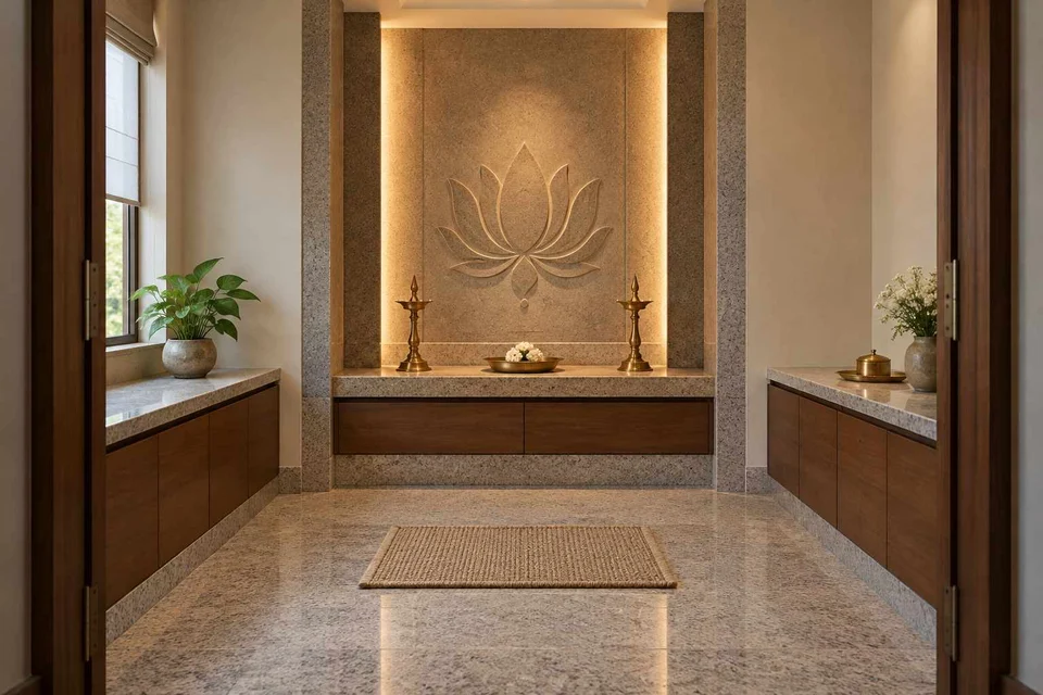 AI-generated puja room design concept: axial prayer chamber, granite precision direction