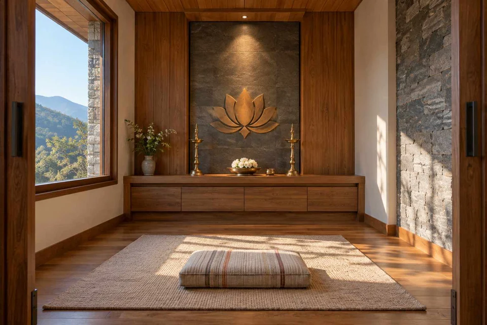 AI-generated puja room design concept: axial prayer chamber, hill timber direction