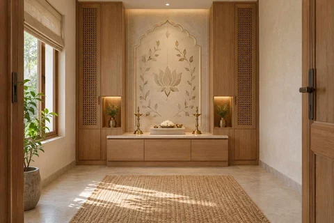 AI-generated puja room design concept: axial prayer chamber, inlay atelier direction