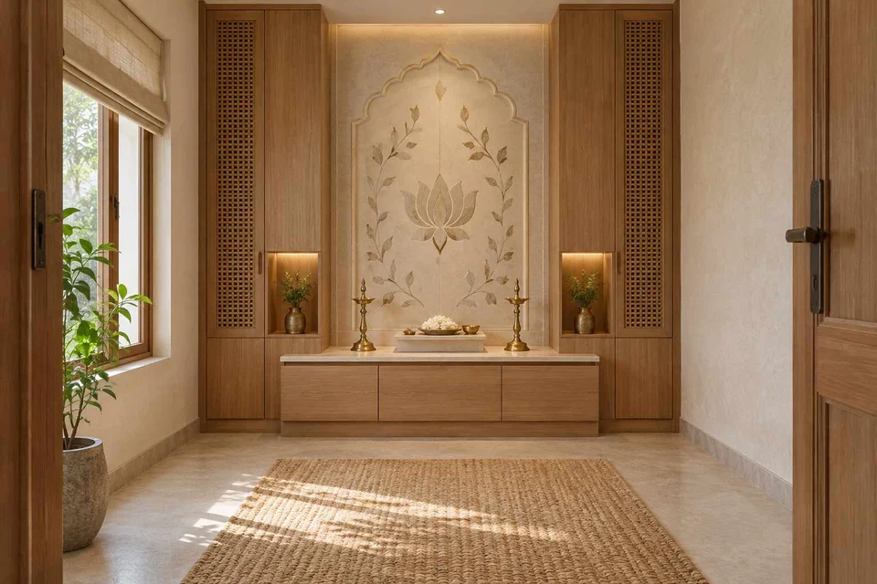 AI-generated puja room design concept: axial prayer chamber, inlay atelier direction