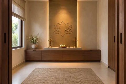AI-generated puja room design concept: axial prayer chamber, lime and walnut direction