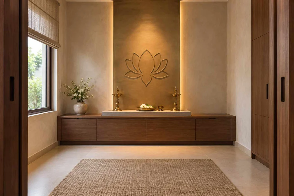 AI-generated puja room design concept: axial prayer chamber, lime and walnut direction
