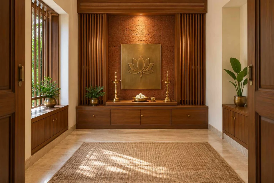 AI-generated puja room design concept: axial prayer chamber, malabar timber direction