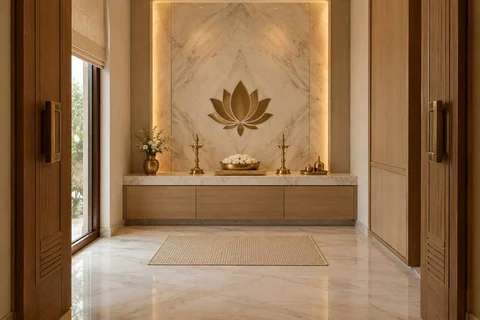 AI-generated puja room design concept: axial prayer chamber, marble restraint direction