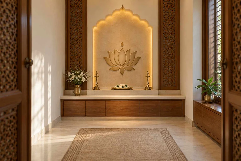 AI-generated puja room design concept: axial prayer chamber, modern carved direction