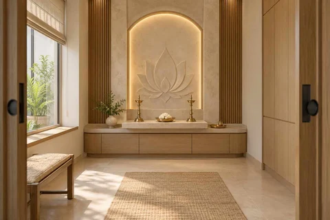AI-generated puja room design concept: axial prayer chamber, quiet contemporary direction