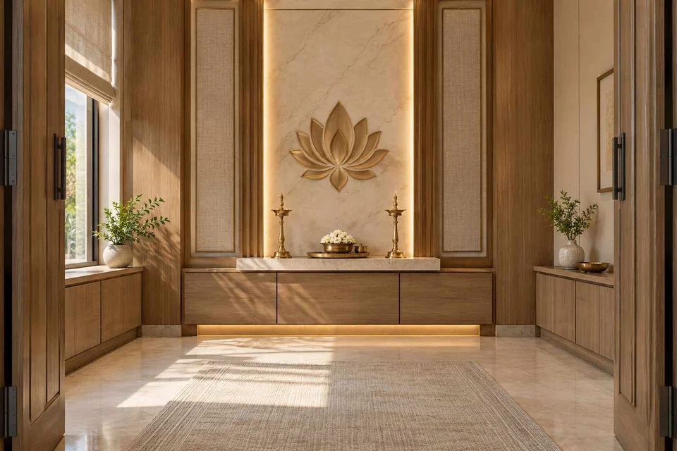 AI-generated puja room design concept: axial prayer chamber, quiet transitional direction