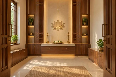 AI-generated puja room design concept: axial prayer chamber, rosewood brass direction