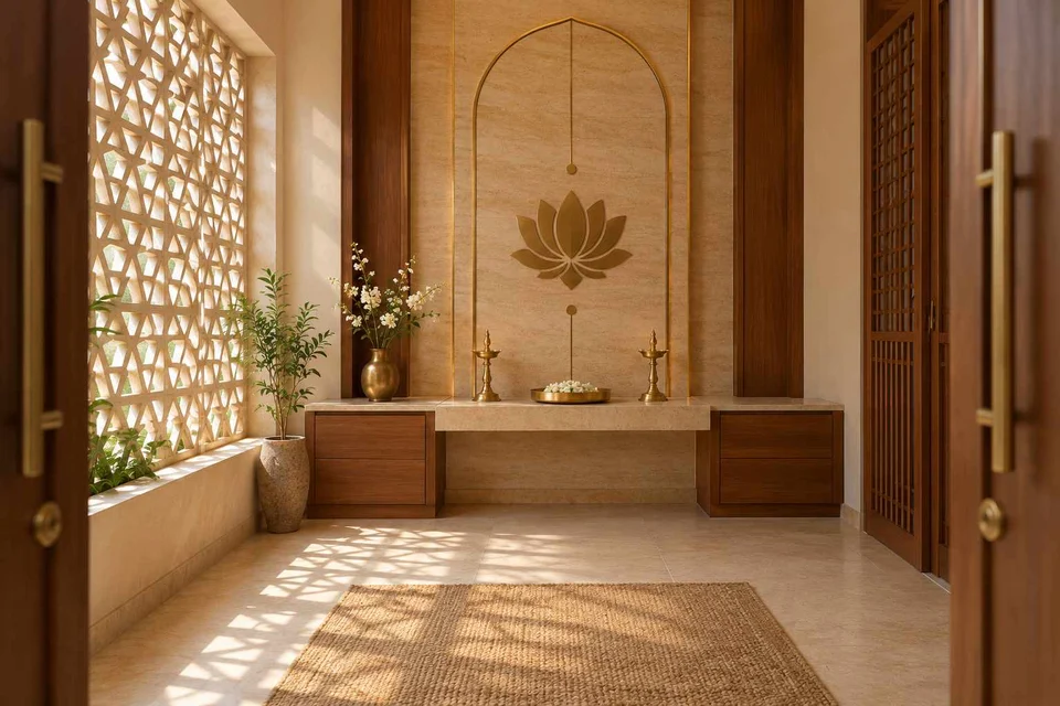 AI-generated puja room design concept: axial prayer chamber, sandstone lattice direction