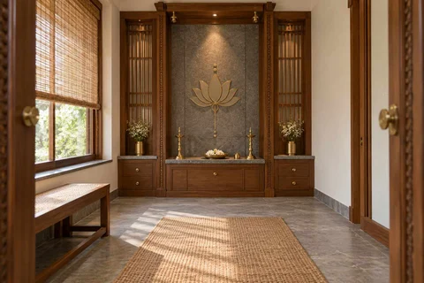 AI-generated puja room design concept: axial prayer chamber, teak craft direction