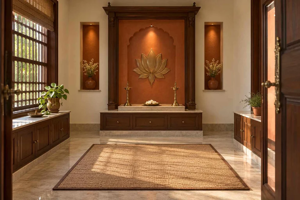 AI-generated puja room design concept: axial prayer chamber, terracotta heritage direction