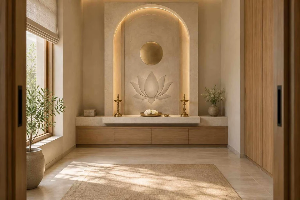AI-generated puja room design concept: axial prayer chamber, textured mineral direction